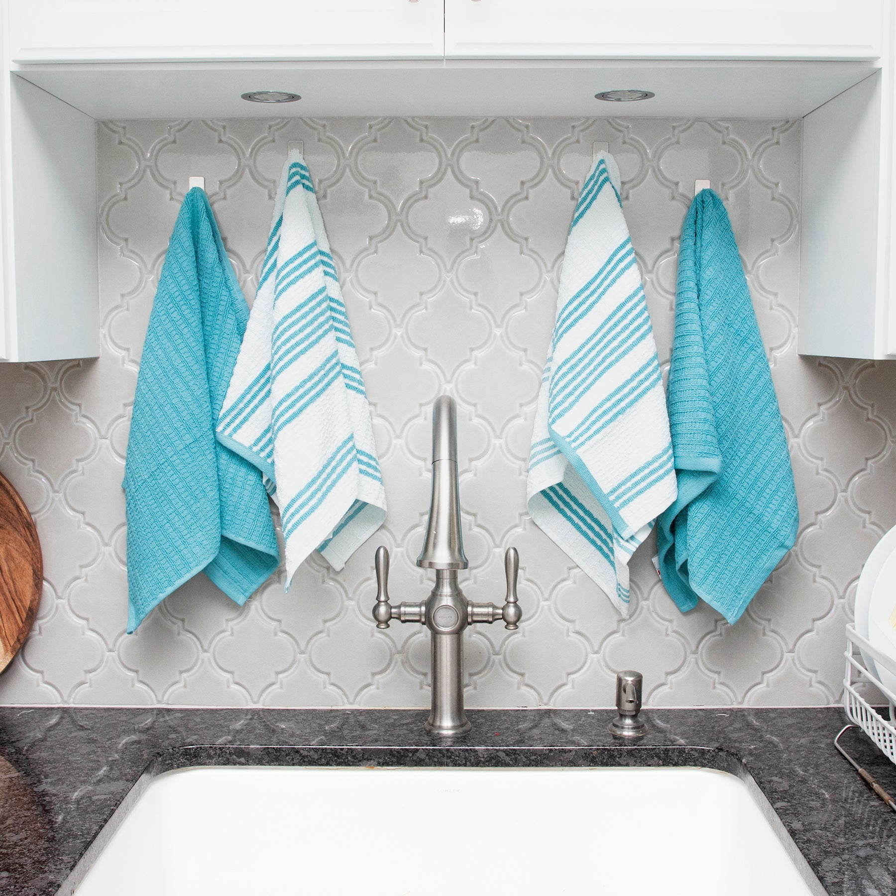 T-Fal Solid & Stripe Premium Kitchen Towels, 4-Pack, Breeze