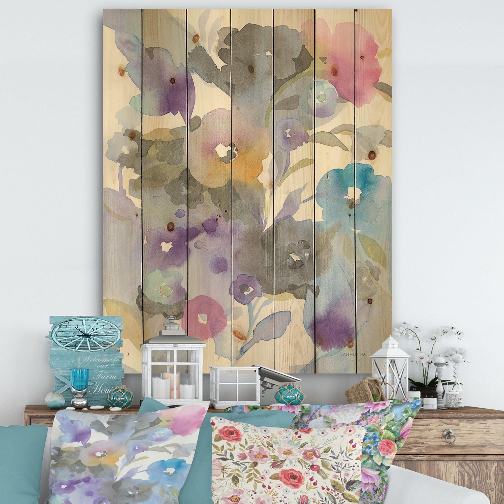 Designart 'Jewel Garden I' Modern Farmhouse Print on Natural Pine Wood