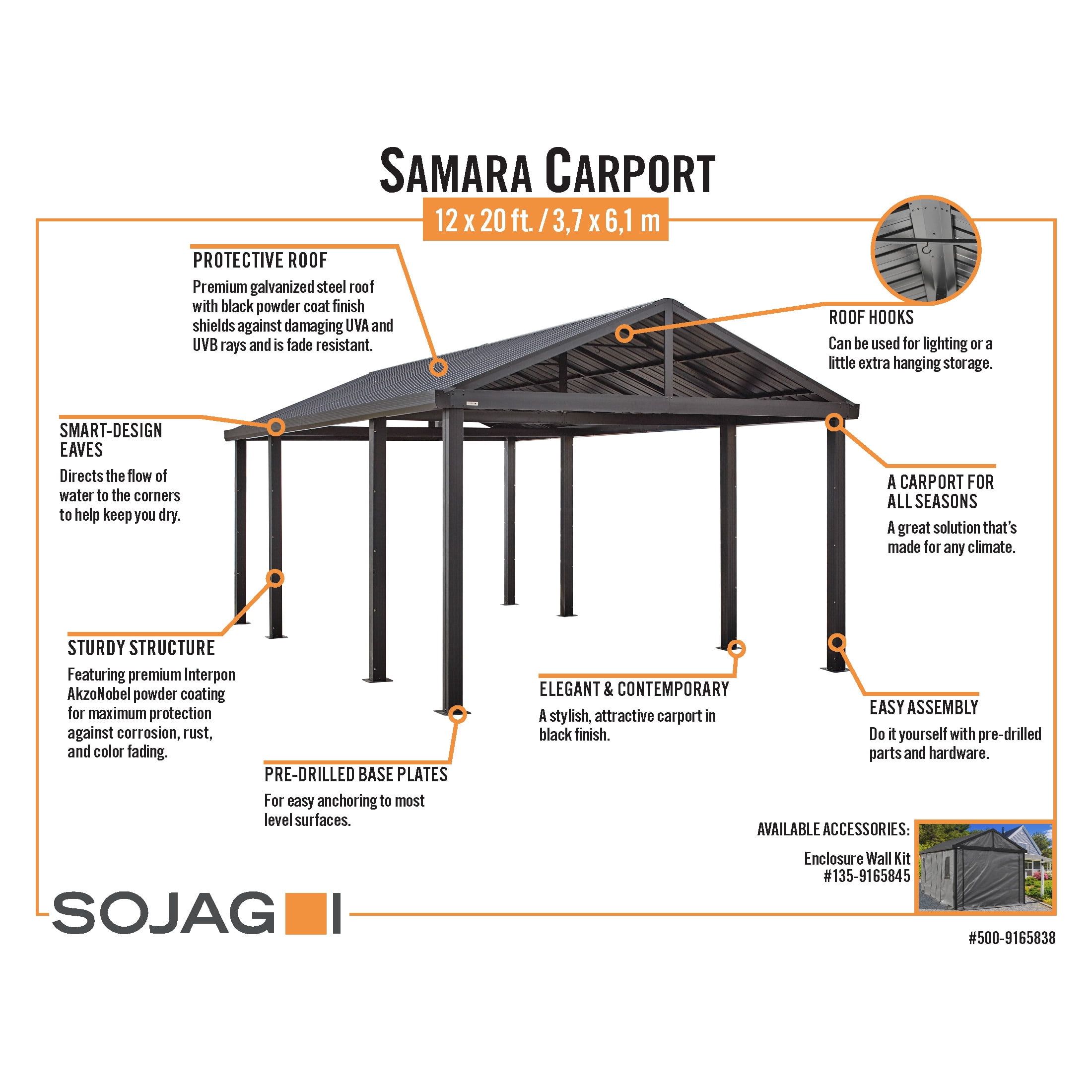 Sojag Samara 12 x 20 x 10 ft Black Carport