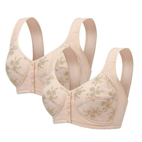 REORIAFEE Front Close Bras for Women 2PC Wireless Full-Coverage Bra Supportive Gather Breathable Underwear Wide Shoulder Straps Comfort Soft Lingerie Beige L