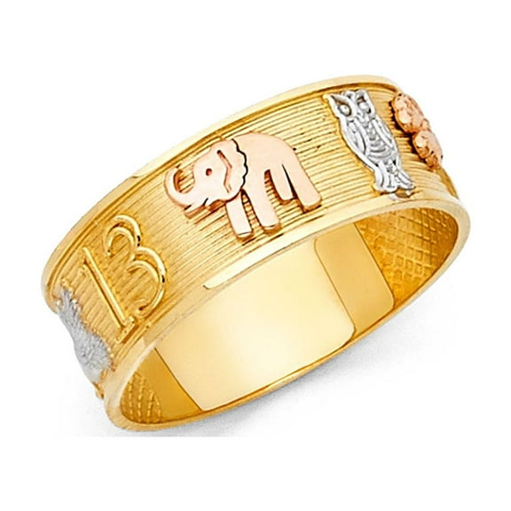 Elephant Owl 13 Clover Ring 14k Yellow White Rose Gold Good Luck Charm Band Solid Tri Color 6MM, Size 7