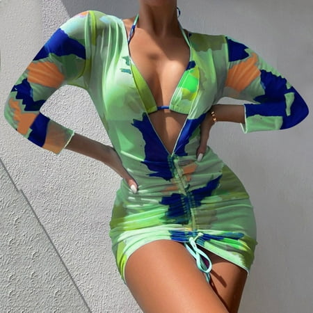 

Women Lace Up Split Swimsuit Three Piece Backless Bikini Set Beach Cover Up American Sports Bra Women Swimwear Top