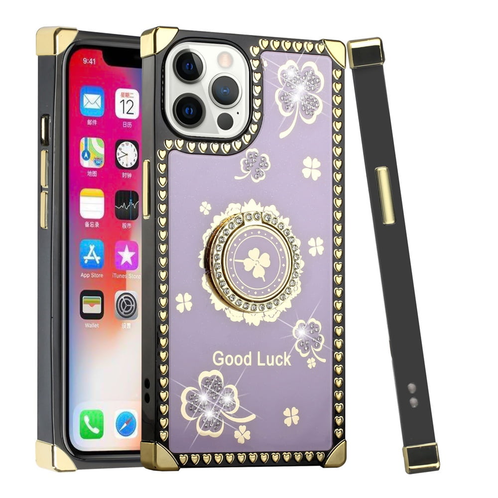 for Apple iPhone 14 Pro Max 6.7 Passion Square Hearts Diamond Glitter Ornaments Engraving Case Cover - Good Luck Floral White