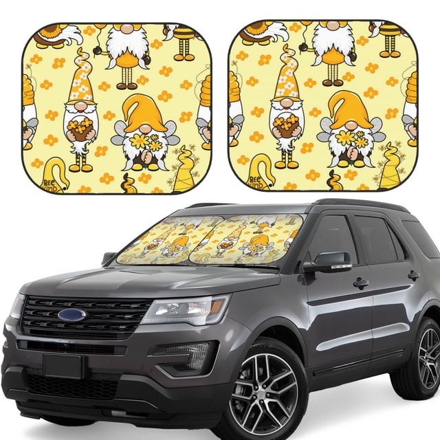 Fotbe Garden Honeybee Gnomes Juego de 2 Piezas de Parasoles para Parabrisas | Bloqueador Solar para Auto | Accesorios Plegables para Protección Solar Interior-Medium