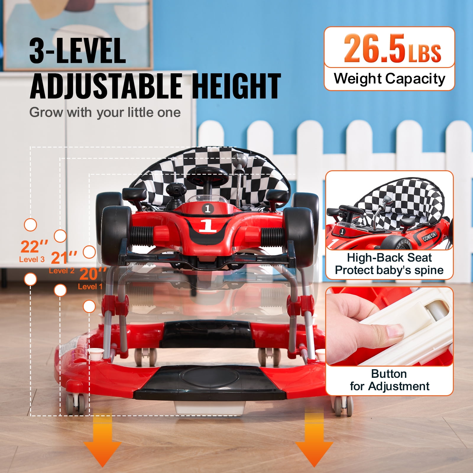KFFKFF Baby Walker 4 in 1, Foldable Height Adjustable Baby Walker with Wheels, Infant Toddler Walker with Foot Pads, Anti-Fall Baby Walker With Steering Wheel
