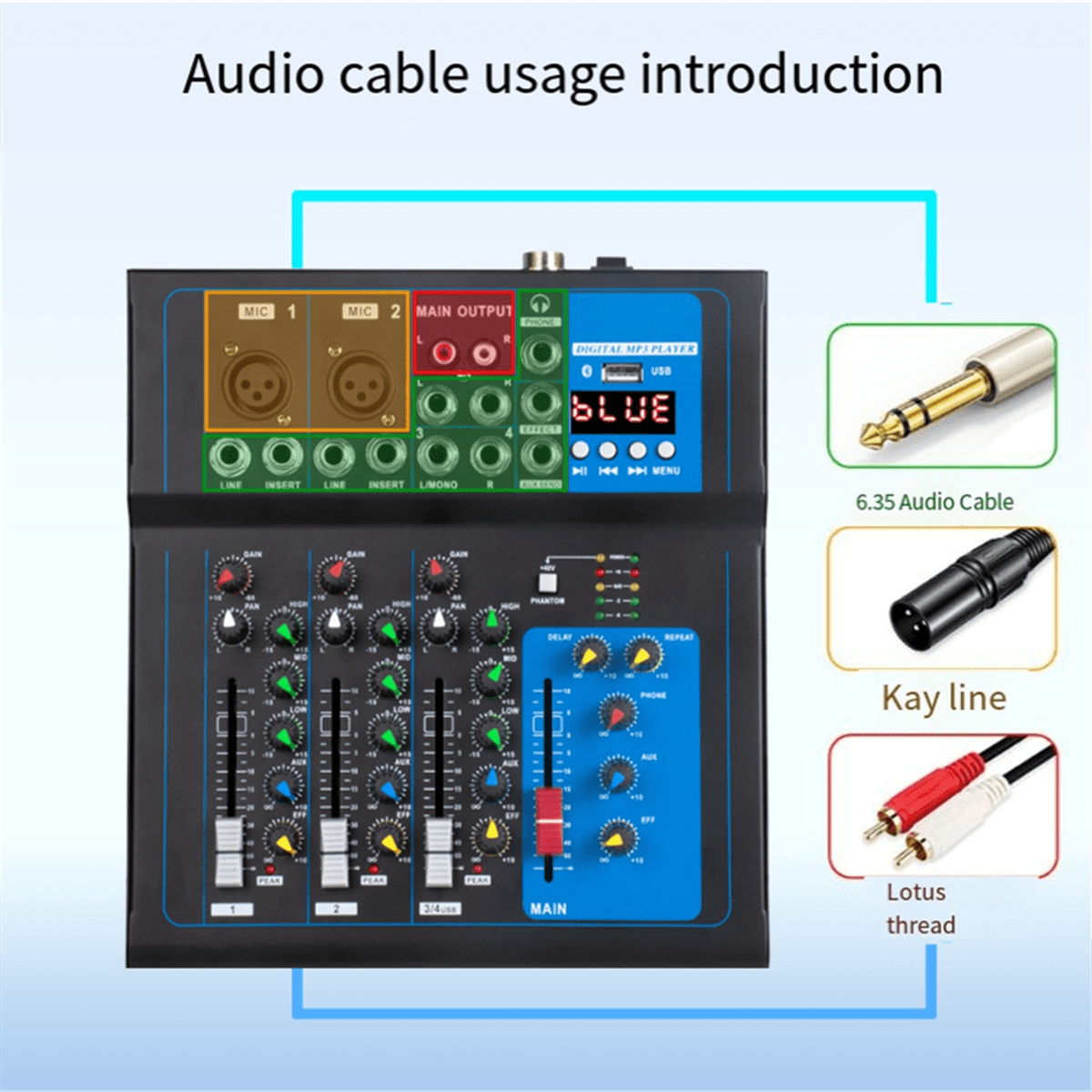 DJ Audio Mixer 4 Channel Sound Mixing Console with USB MP3 Jack 12V Power for Computer Recording and Live US Plug