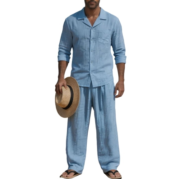 LTTVQM Men's Wrinkle Resistant Lightweight Vacation Cotton Linen Two Piece Outfit Camp Collar Shirt Wide Leg Pants Casual Daily Long Sleeve Holiday Suit Top Light Blue S