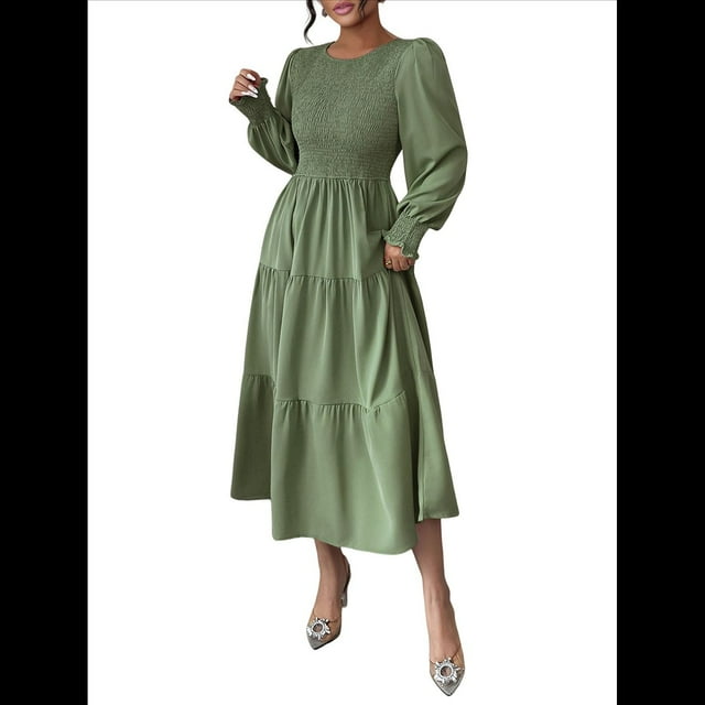 Vestido de Otoño para Invitada de Boda, con Mangas Largas, Volantes, Cuello Redondo, y Fluido. Verde S