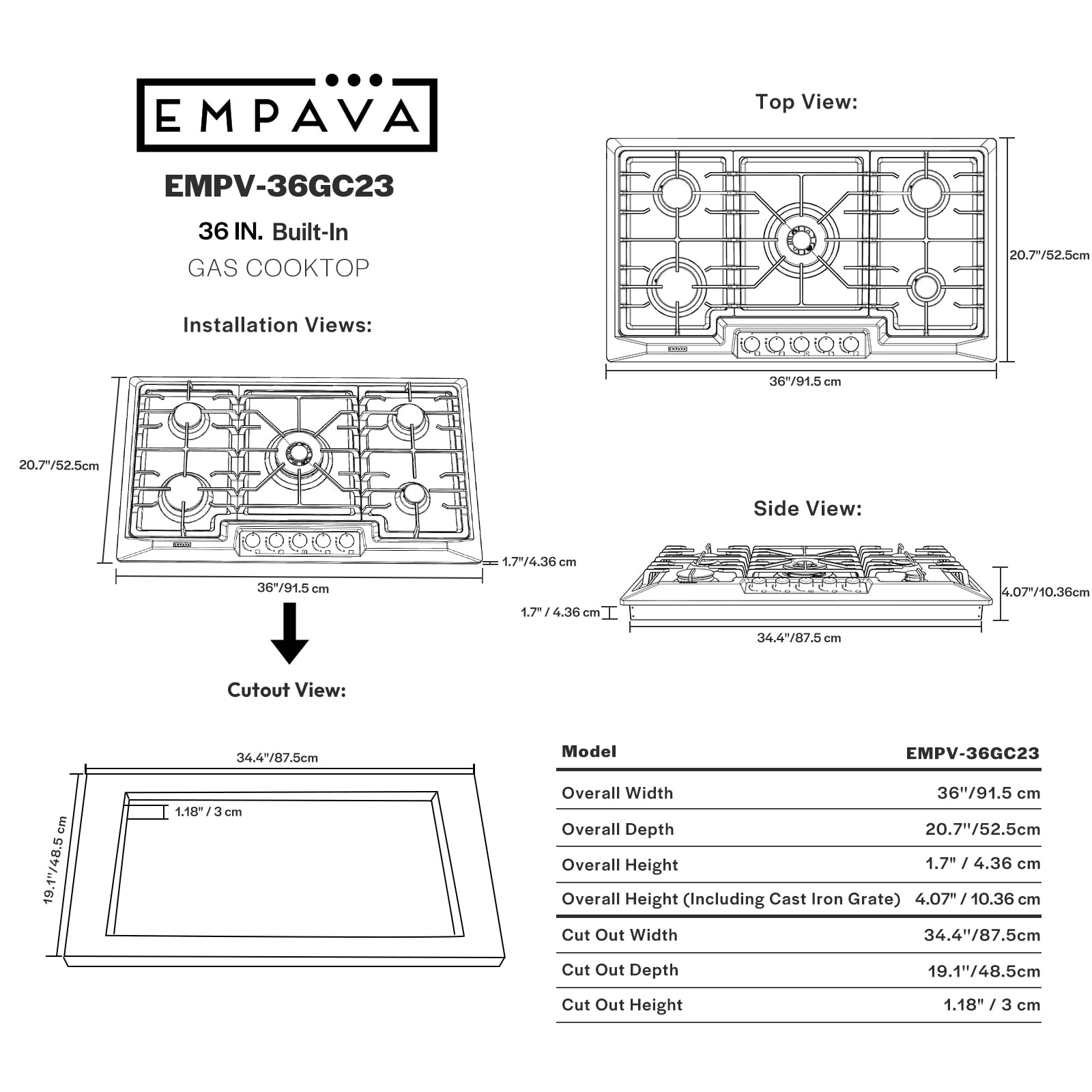 Empava 36" Stainless Steel 5 Italy Sabaf Burners Stove Top Gas Cooktop EMPV-36GC881