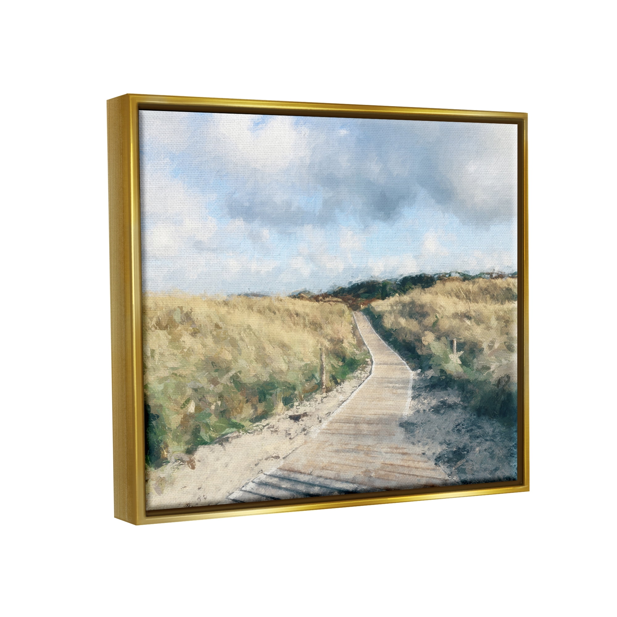 Stupell Coastal Boardwalk Path Landscape Landscape Painting Gold Floater Framed Art Print Wall Art