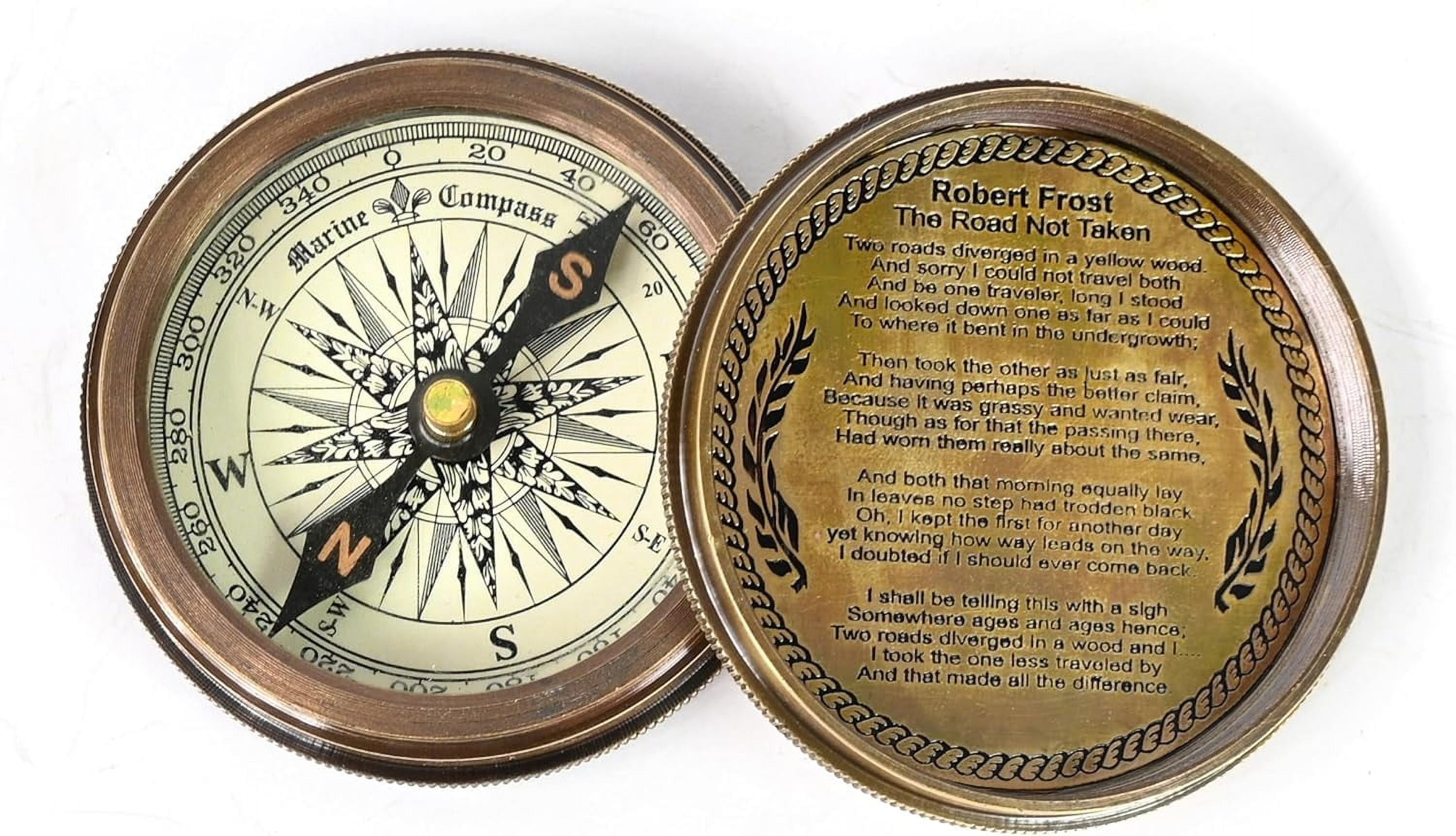 Indian Nautical Instruments 2 inches Vintage Compass Replica Brass Pocket Transit Compass - Robert Frost Poem