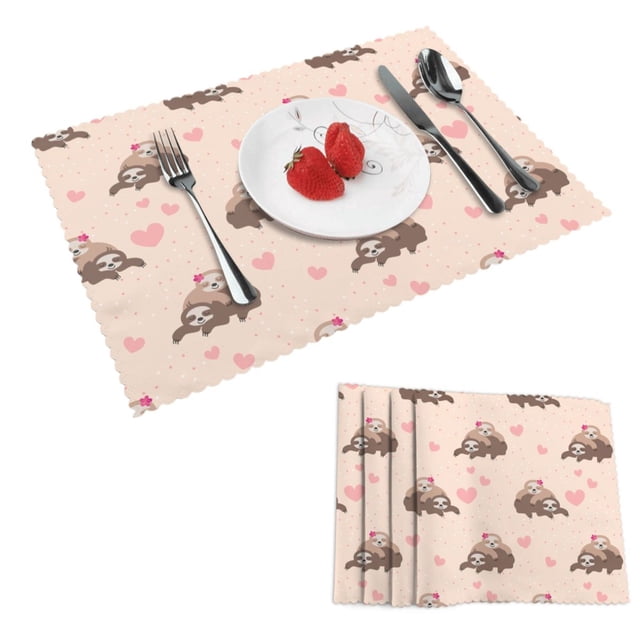 DouZhe Polyester Set de 4 Napperons, Mignon Romantique Couple Paresseux Modèle Résistant à la Chaleur Place Mats pour Table à Manger, 12 x 18 Po