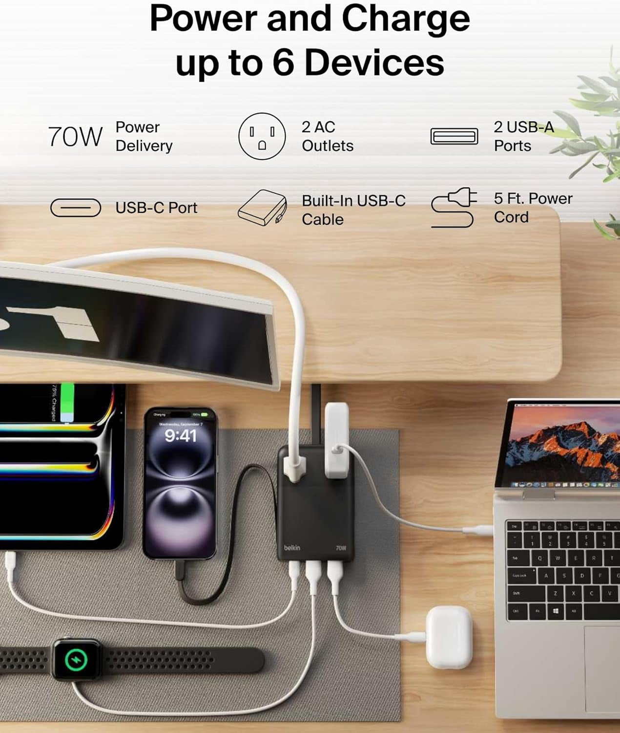 Belkin GaN Charging Station 70W, 6-in-1 USB C Charger w/ 2 AC Outlets, 2 USB A Ports, Integrated USB C Cable-Power Strip for iPhone, Apple Watch, iPad, MacBook, Chromebook, Laptop, Travel Essential