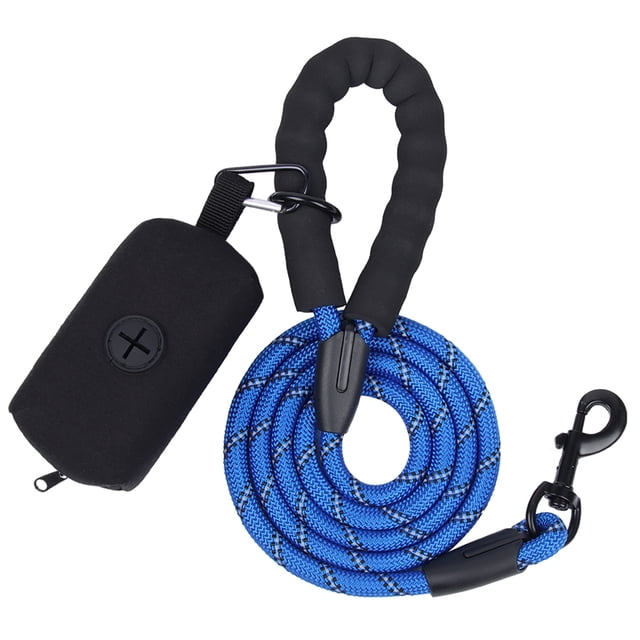 Trousse de Marche pour Chien Bleue : Laisse Ronde en Polyester Réfléchissant avec Poignée en Mousse et Quincaillerie en Alliage de Zinc pour Électrophorèse, Comprend un Support pour Sac à Excréments pour Petits Articles, Attaches Durables, Conception 2-en-1 pour