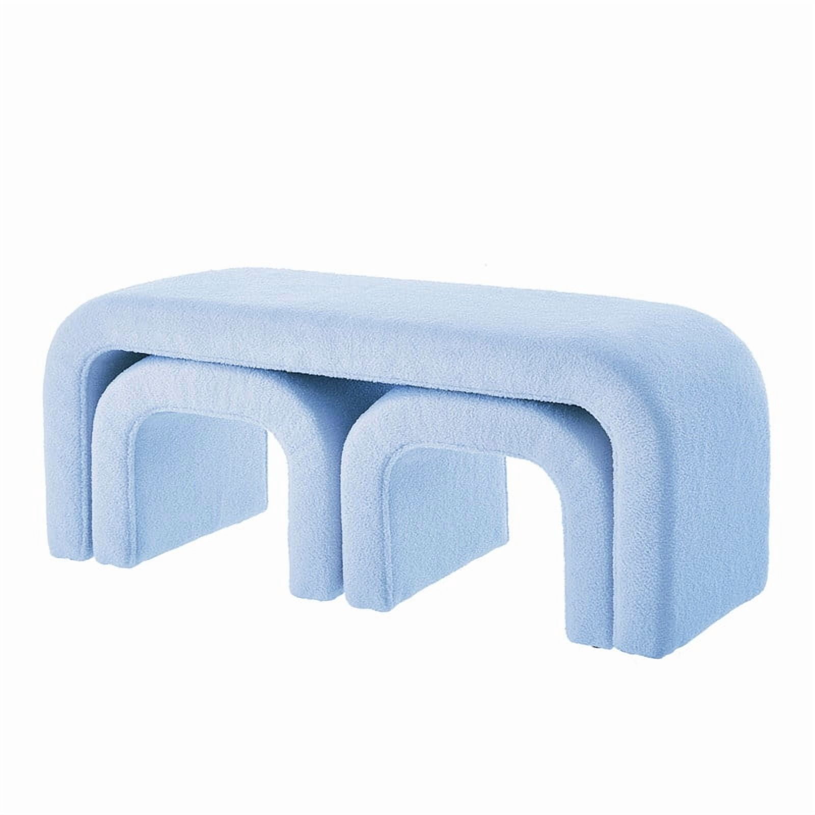 3-Piece Ottoman Bench Set, 44" Upholstered End of Bed Bench with 2 Nesting Stools, Teddy Fabric Entryway Bench, Modern Footrest & Extra Seating for Living Room Bedroom,Light Blue