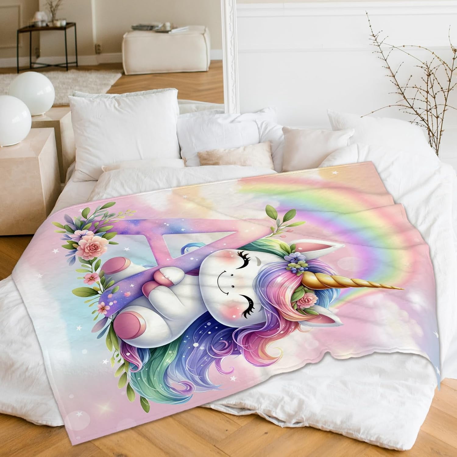 Unicorn Blanket for Girls, Custom Initial Blanket, 50 x 40 Inches Warm Lightweight Blanket for Unicorn Lovers, Cozy Pink Warm Flannel Throw Blanket Bed Sofa Room Decor, Camping, Travel