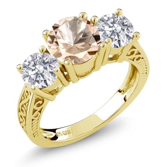 Gem Stone King 18K Yellow Gold Plated Silver Peach Morganite and Lab Grown Diamond Engagement Ring for Women | 2.15 Cttw | Round 7MM | Gemstone October Birthstone | Size 8