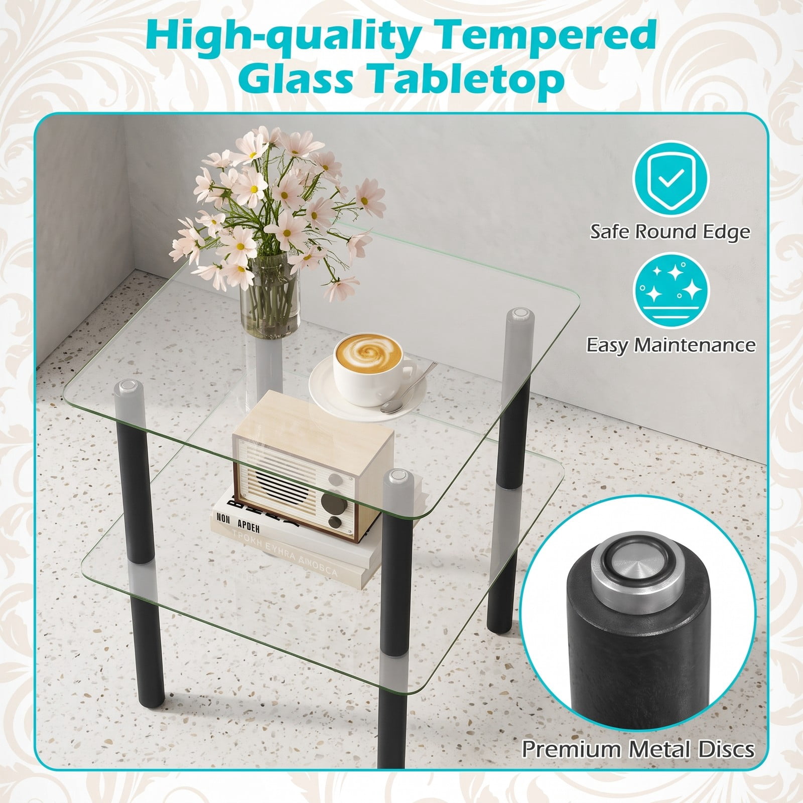 Furnibear 2-Tier Square End Table with Tempered Glass Top and Storage Shelf, Rubber Wood Legs Side Table for Living Room Bedroom, Round-Edge Nightstand, Clear & Black