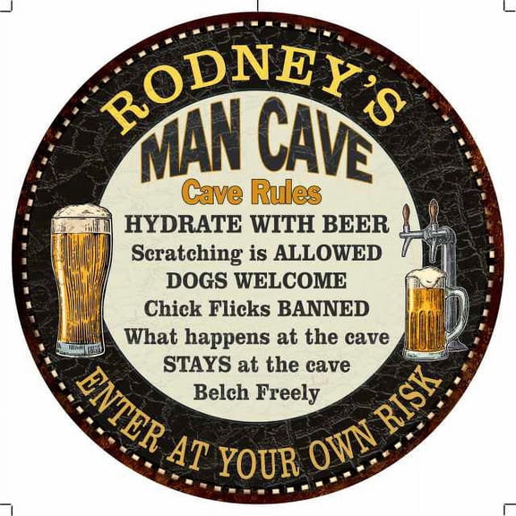 RODNEY'S Man Cave Rules 14" Round Metal Sign Garage Wall Decor 100140010341