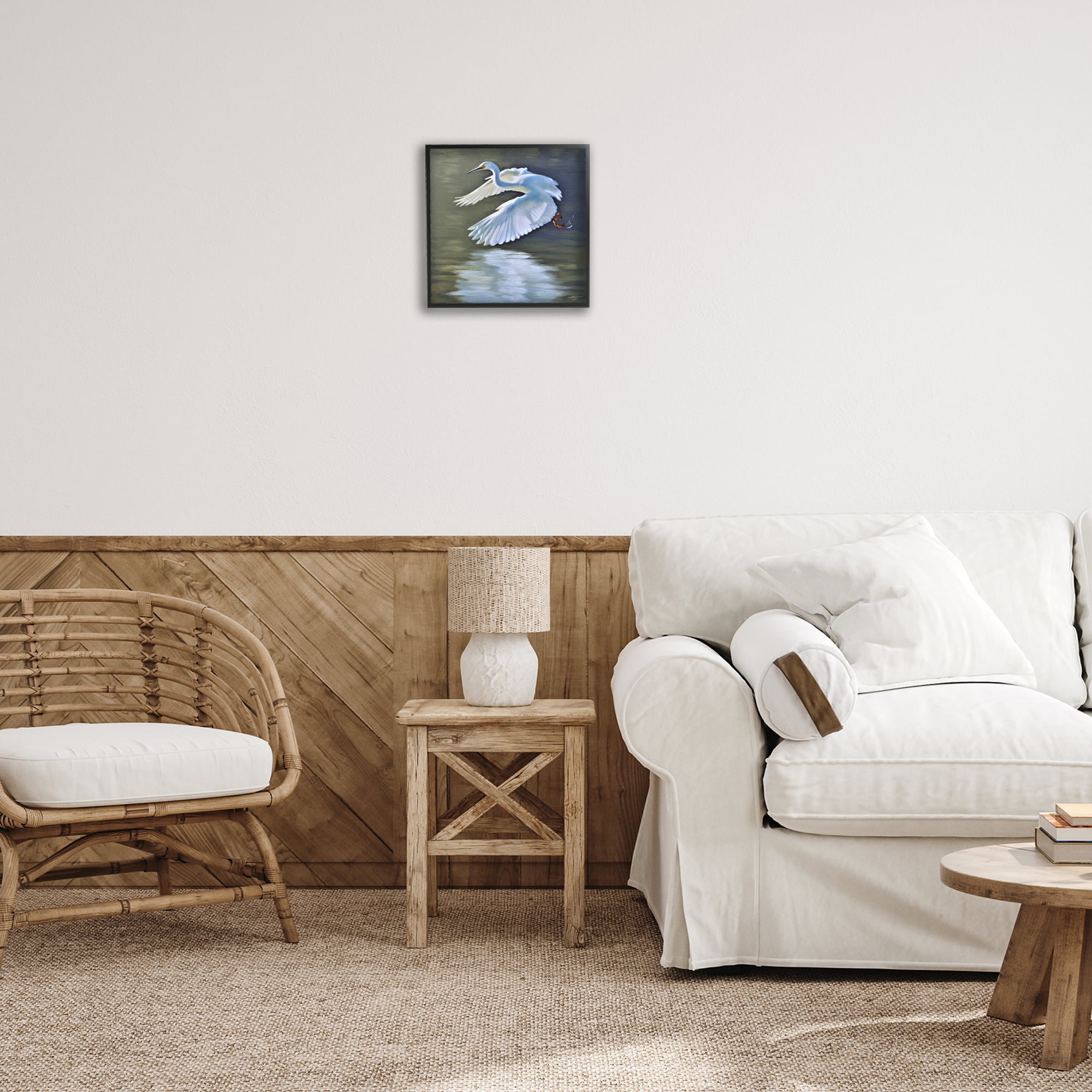 Stupell Industries Egret Flying Lake Surface Animals & Insects Painting Black Framed Art Print Wall Art, 12 x 12