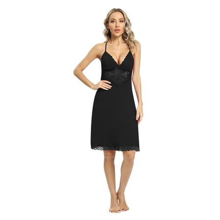 Xmarks Sleepwear Sexy Lingerie Nightgown Lace Chemise Satin Slip Silk Negligee Nightie Bridal Babydoll for Women Black US 12