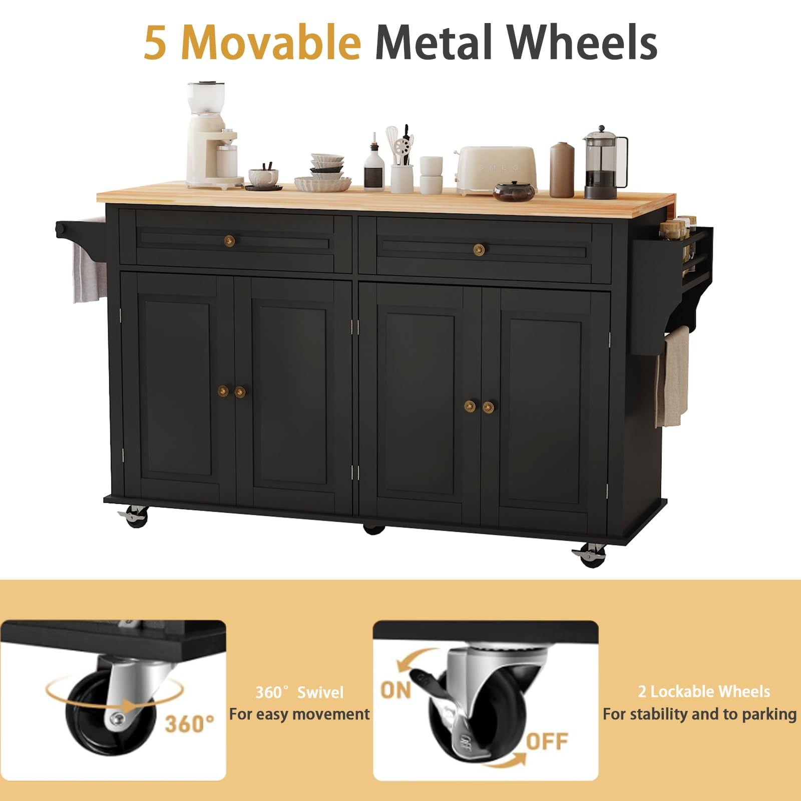 JassmiPkwy 67’’ Movable Kitchen Island with Drop Leaf Countertop, with Storage, 2 Drawers, Towel Rack, Black