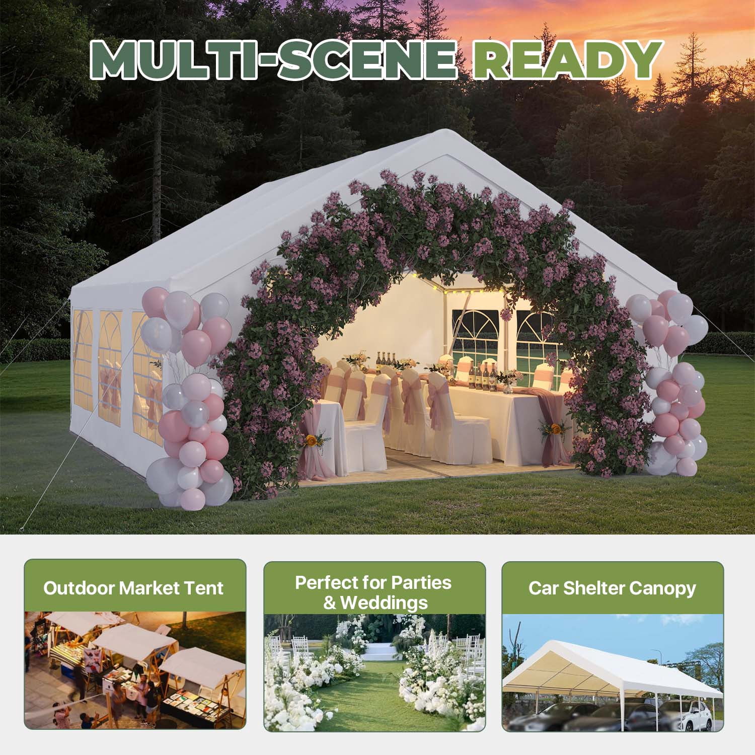 BaPiPro 20x20 FT Heavy Duty Outdoor Party Tent with Removable Sidewalls, Commercial Wedding Marquee, Carport & BBQ Shelter, UPF50+ Waterproof Protection, White