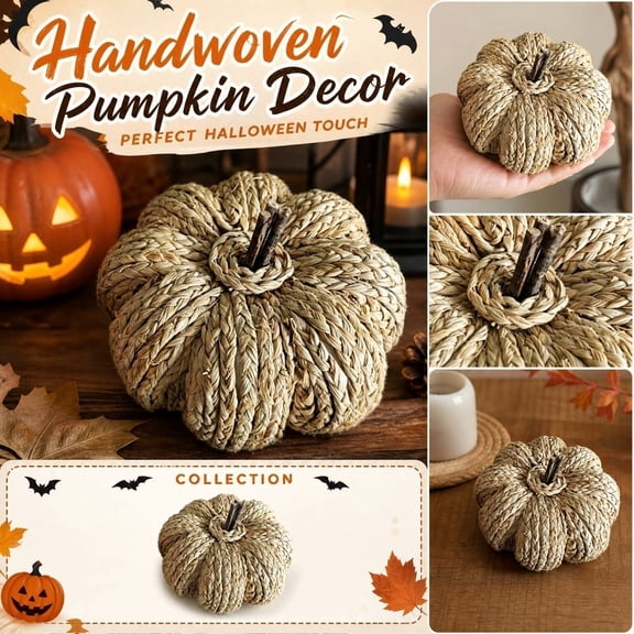 Halloween Decor, Fall Pumpkin Decor, Farmhouse Fall Decor, Rustic Home Decor, 7X4.5 Inch Hand Woven Straw Pumpkin Tabletop Ornament for Mantel, Shelf and Indoor Home Display