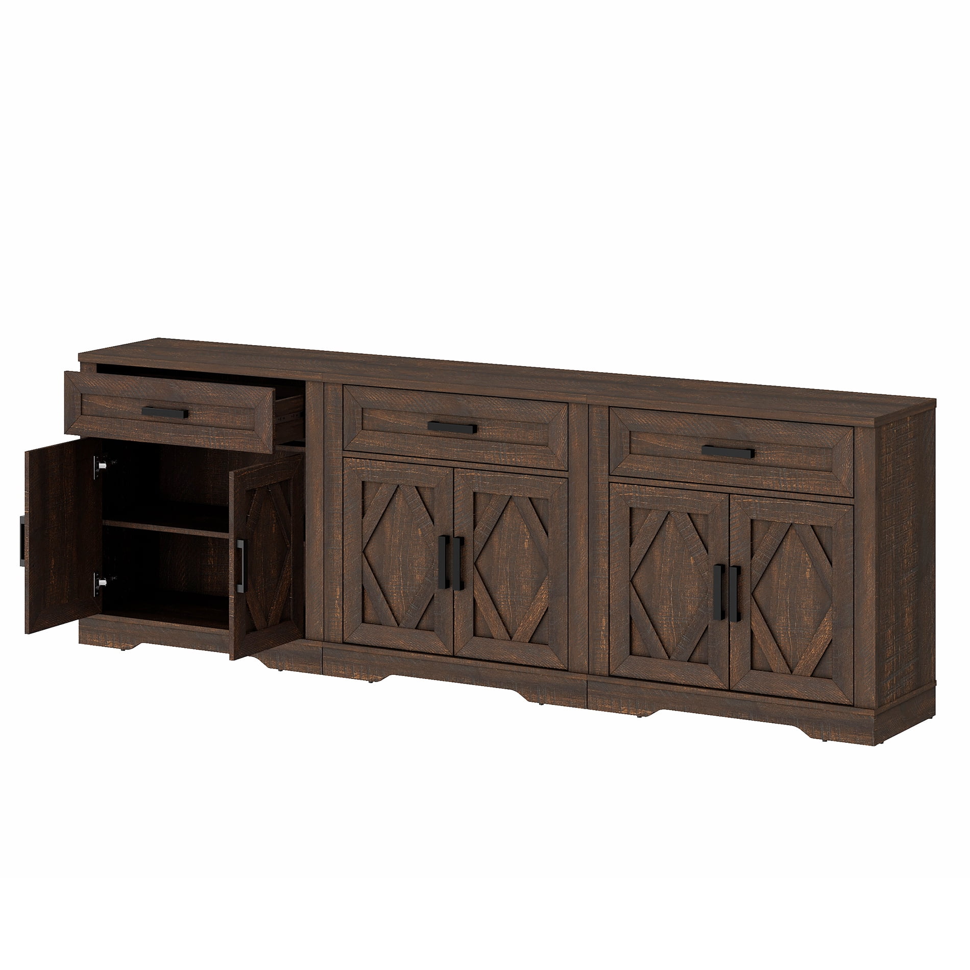 WAMPAT 94.5"W Farmhouse Buffet Sideboard with Barn Doors, Drawer & Storage, Brown