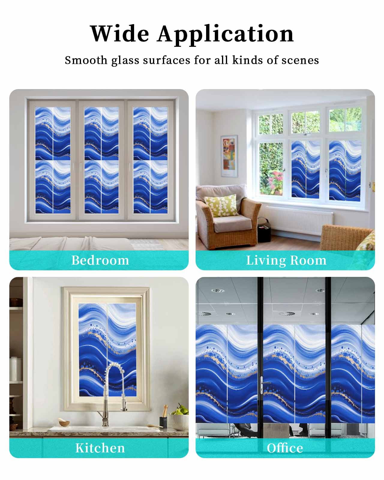 Window Privacy Film Blue Waves Abstract Stained Glass Window Film Decorative Sun Block Window Cover Ocean Fluid Gradient Luxury Window Clings Static Adhesive Sticker for Bathroom 23.6"x59"
