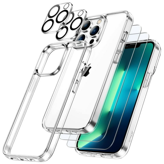 JETech 3 in 1 Case for iPhone 13 Pro Max 6.7-Inch, with 2-Pack Screen Protector and Camera Lens Protector, Non-Yellowing Shockproof Bumper Phone Cover, Full Coverage Tempered Glass Film (Clear)