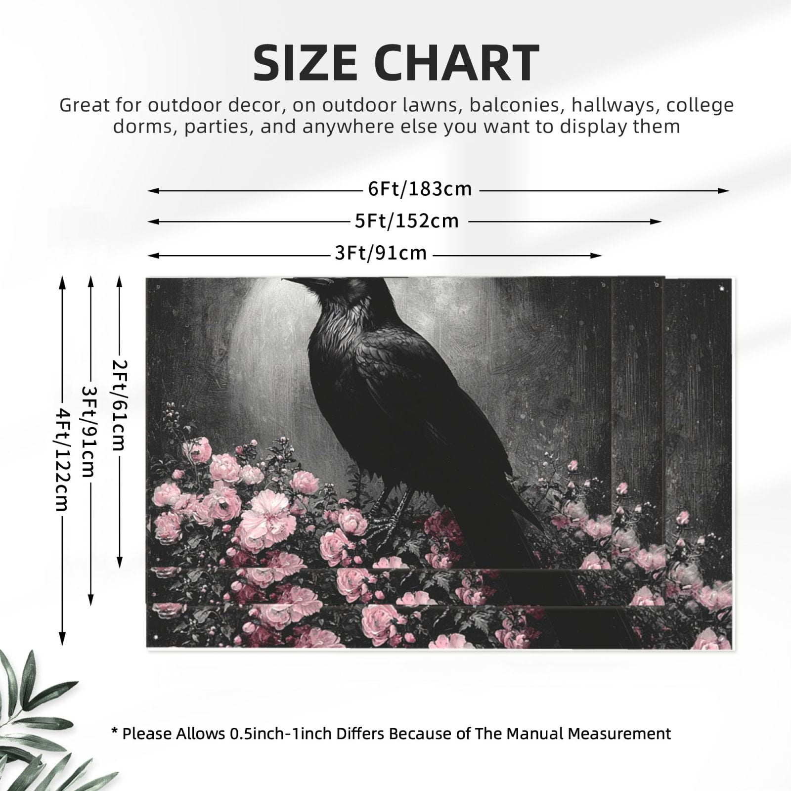 Crow Raven Flowers Full Moon Black Four Hole Decorated Banner Flag for Garden Yard Home Decoration Indoor Outdoor 4x6 Ft