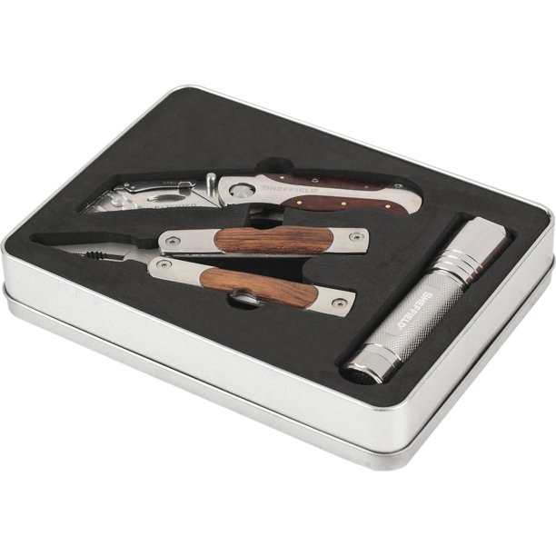 Sheffield 3Piece Tool Set, Gift Box, Knife, Multitool, and Flashlight