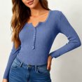 thumbnail image 5 of Women's Long Sleeve Henley Tops Ribbed Knit Slim Fitted Trendy T Shirt Basic Tees Layer 2025 Fall Fashion Outfits Blue L, 5 of 5