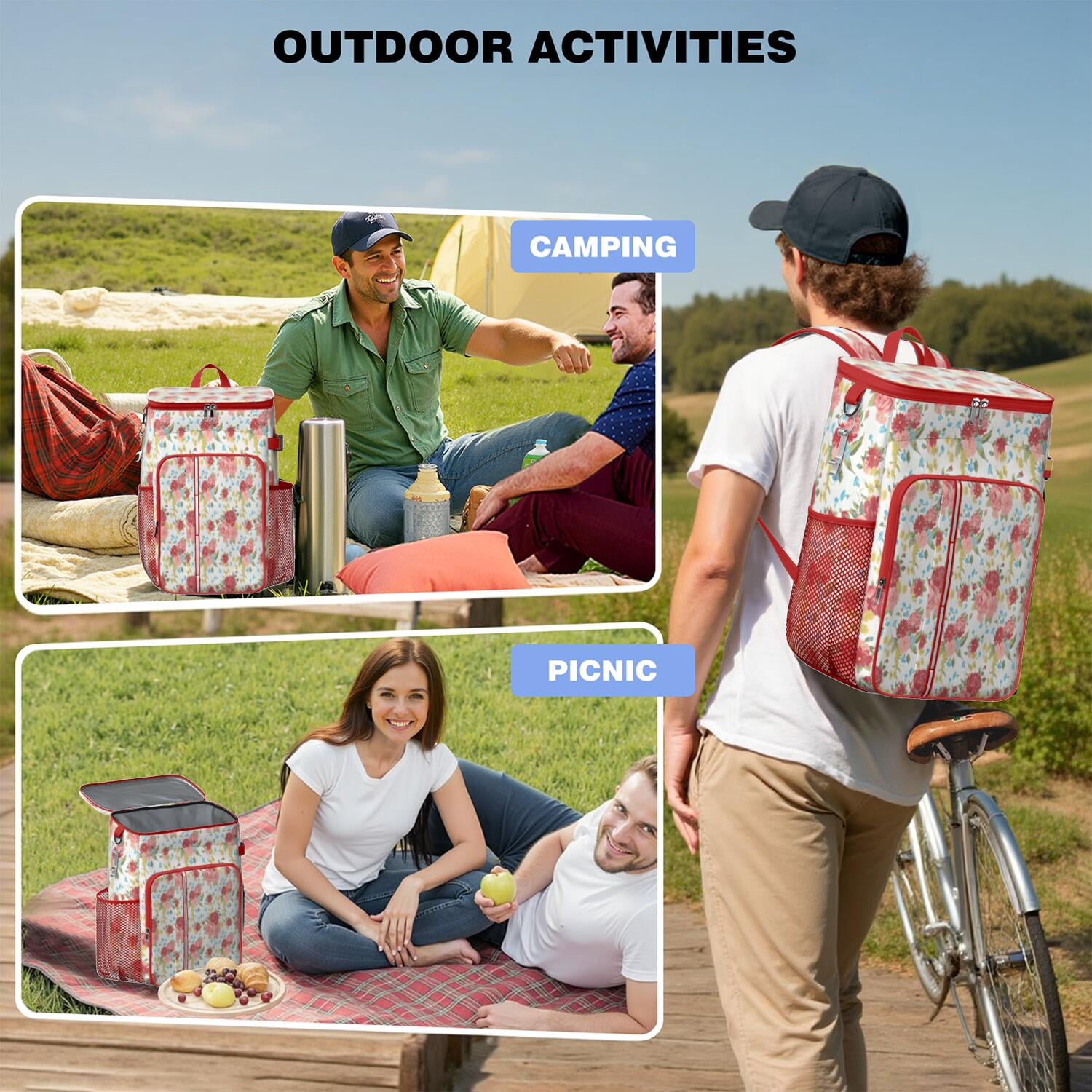 Travel Cooler Bag - Pioneer Flower Floral Print Pattern Camping Beer Cooler Backpack with Bottle Opener- Waterproof Insulated Picnic Backpacks - Cooler Bag for Beach