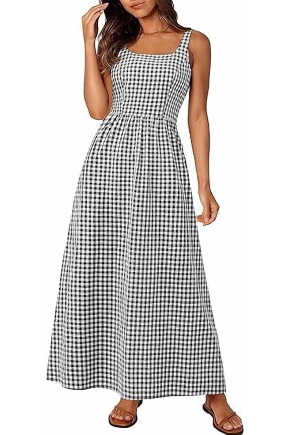 Women's Summer Spaghetti Strap Maxi Dresses Plaid Square Neck A Line Casual Beach Vacation Long Sundress
