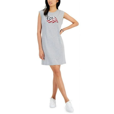 Tommy Hilfiger Women's Americana Graphic T Shirt Dress Gray Size Medium