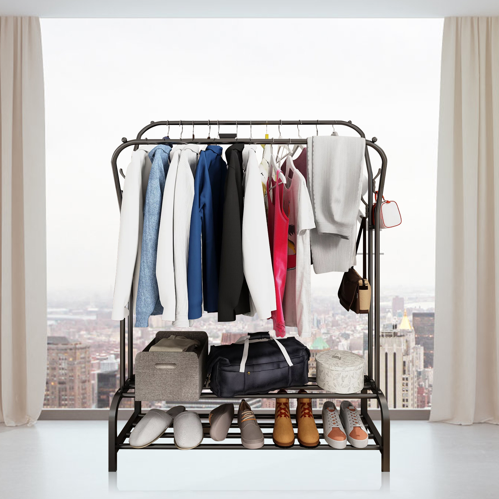 57 Freestanding Double Rail Garment Rack with 6 Hooks 2 Shelves for Clothes Hats Boxes Umbrellas Black Walmart