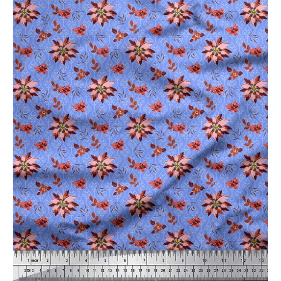 Soimoi Silk Fabric Damask Design,Leaves & Aster Floral Printed Craft Fabric by the Yard 42 Inch Wide