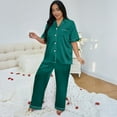 thumbnail image 4 of Hearthz Women's Plus Size Pajamas Silk Satin Pajama Set Short Sleeve Shirt with Full-Length Pants Pjs Sleepwear Set Dark Green,XXXL, 4 of 6