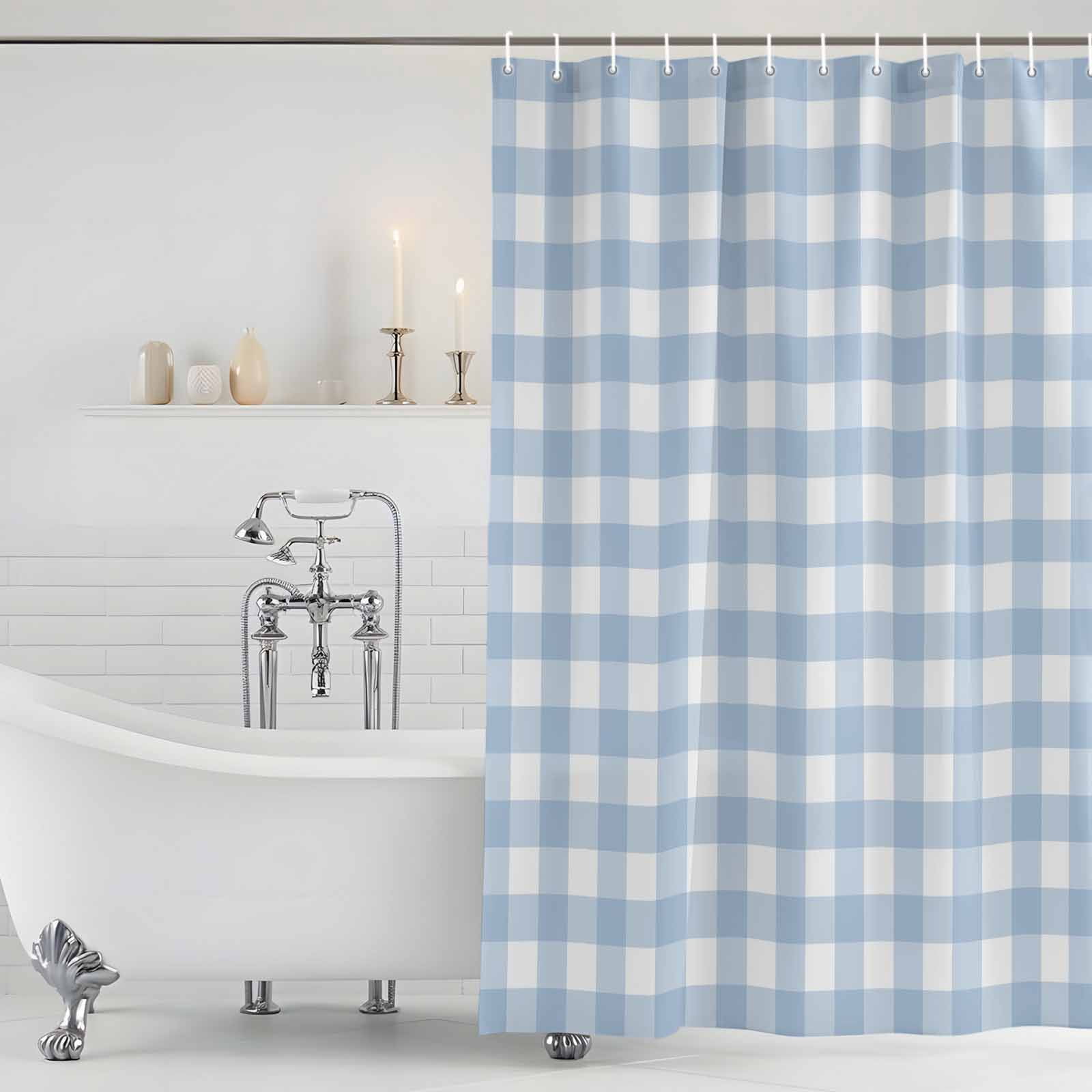 Light Blue Plaid Shower Curtain, Waterproof Shower Curtains for Bathroom, Modern Minimalist Country Washable Fabric Bathtub Curtain Set Bath Decor with 12 Hooks Extra Long 72"x96"