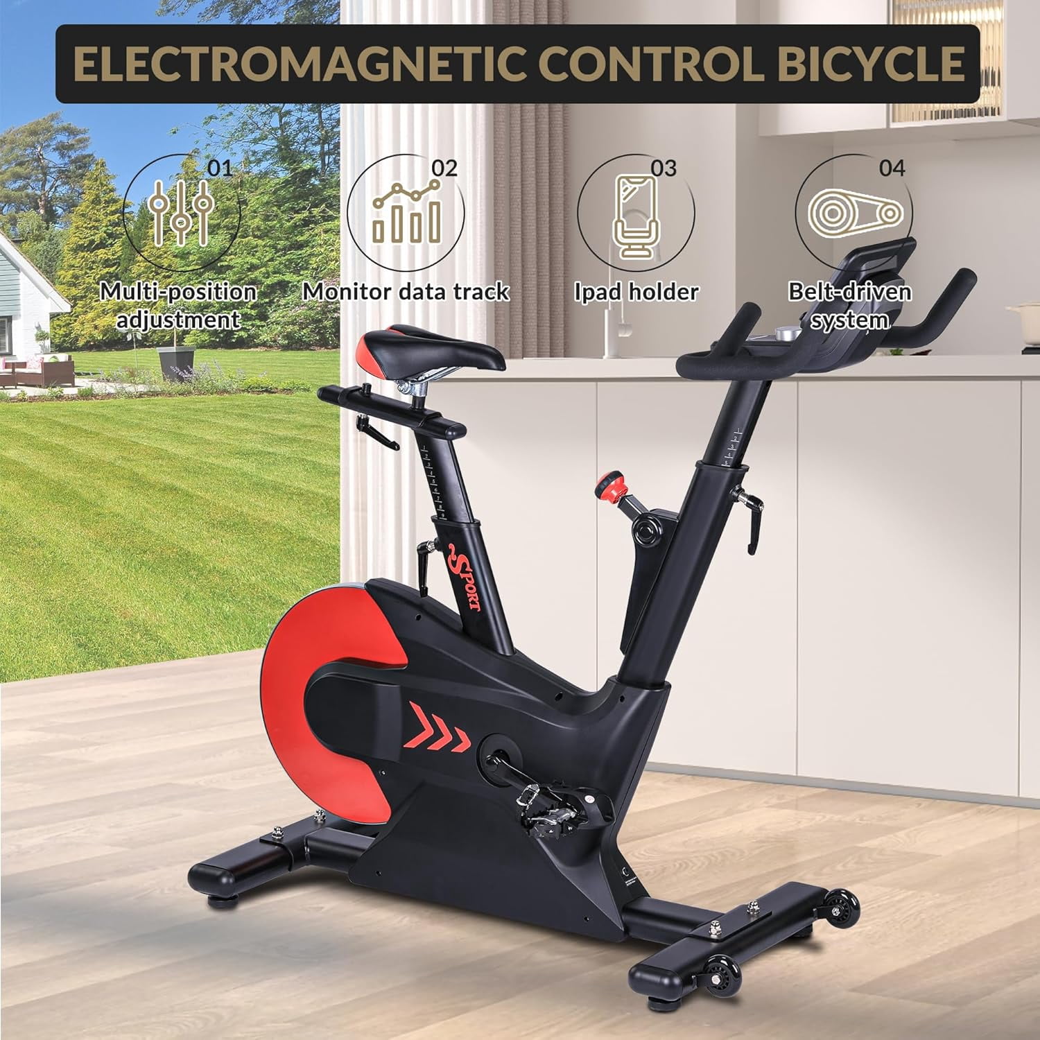 Digital Monitor Exercise Bike, Silent Magnetic Indoor Cycling Bike for Home Gym, Smooth Rear Flywheel Stationary Bike with Electromagnetic Resistance, Adjustable Seat & Handlebars