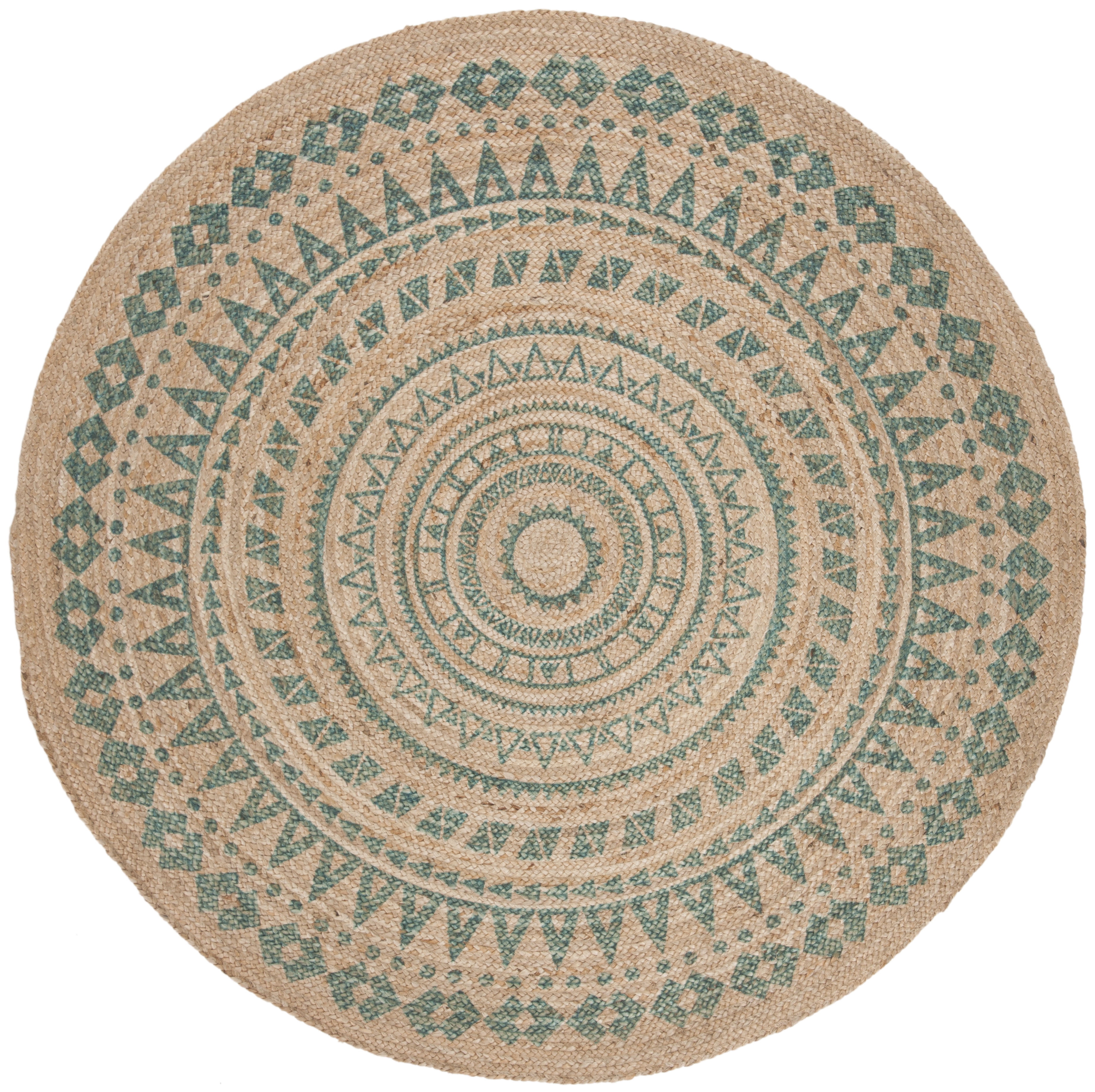 SAFAVIEH Natural Fiber Zoolander Geometric Jute Area Rug, Aqua/Natural, 5' x 5' Round