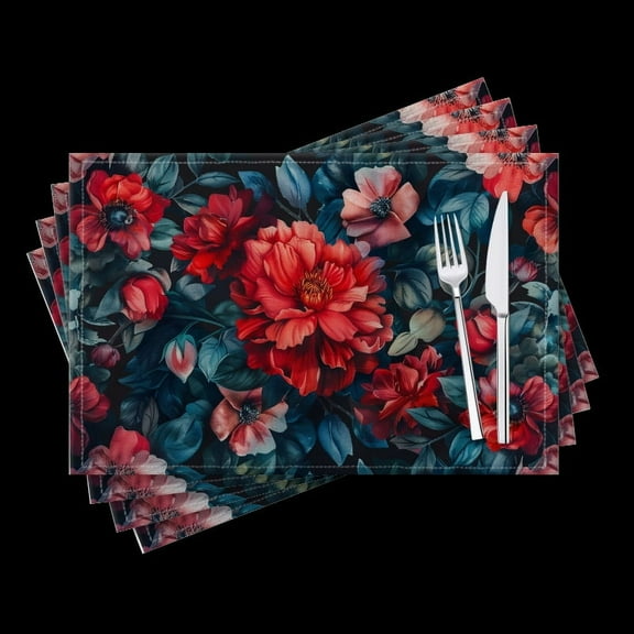 BaHomeck placemats Set of 4 Red And Dark Blue Flowers Cotton Linen rectangle Placemats for Kitchen Dining Table Indoor,Outdoor,18*12inch