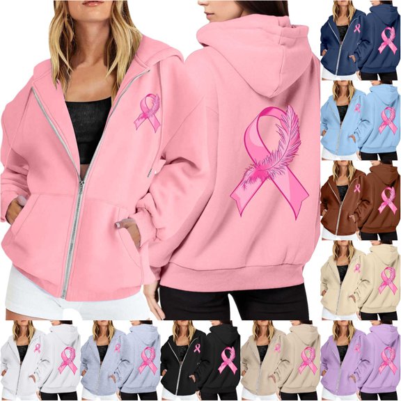 NinXxx Women's Cancer Awareness Zip Up Hoodie Pocket Drawstring Casual Sweatshirt Pink L