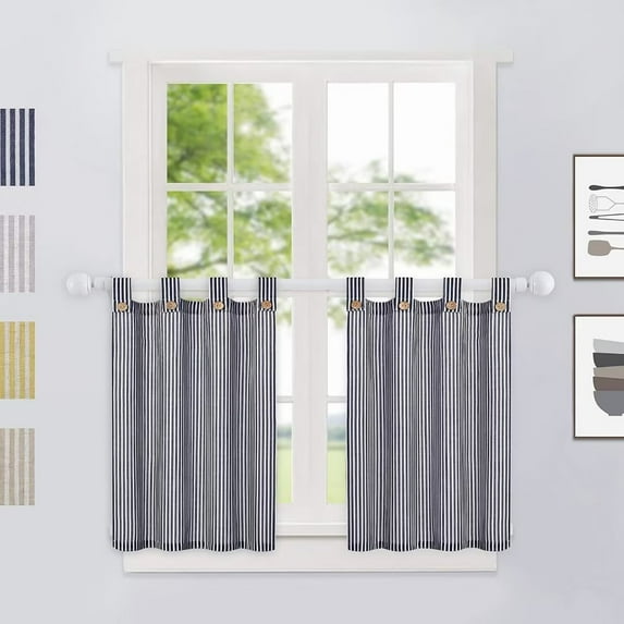 ZACOO Farmhouse Curtains 27"W x 30"L Linen Striped Kitchen Curtains with Solid Button for Bathroom Kitchen, Navy Blue, 2 Panels
