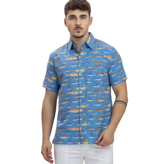 LA LEELA Mens Short Sleeve Button Down Casual Beach Shirt S Saltwater Fish Blue