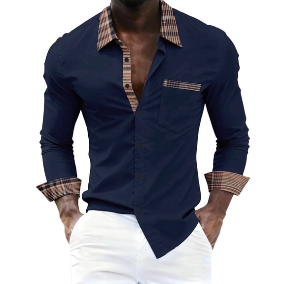 Stamzod Mens Dress Shirts Long Sleeve Patchwork Button Up Shirt Casual Work Shirts for Men (Available In Big & Tall) Navy XXL