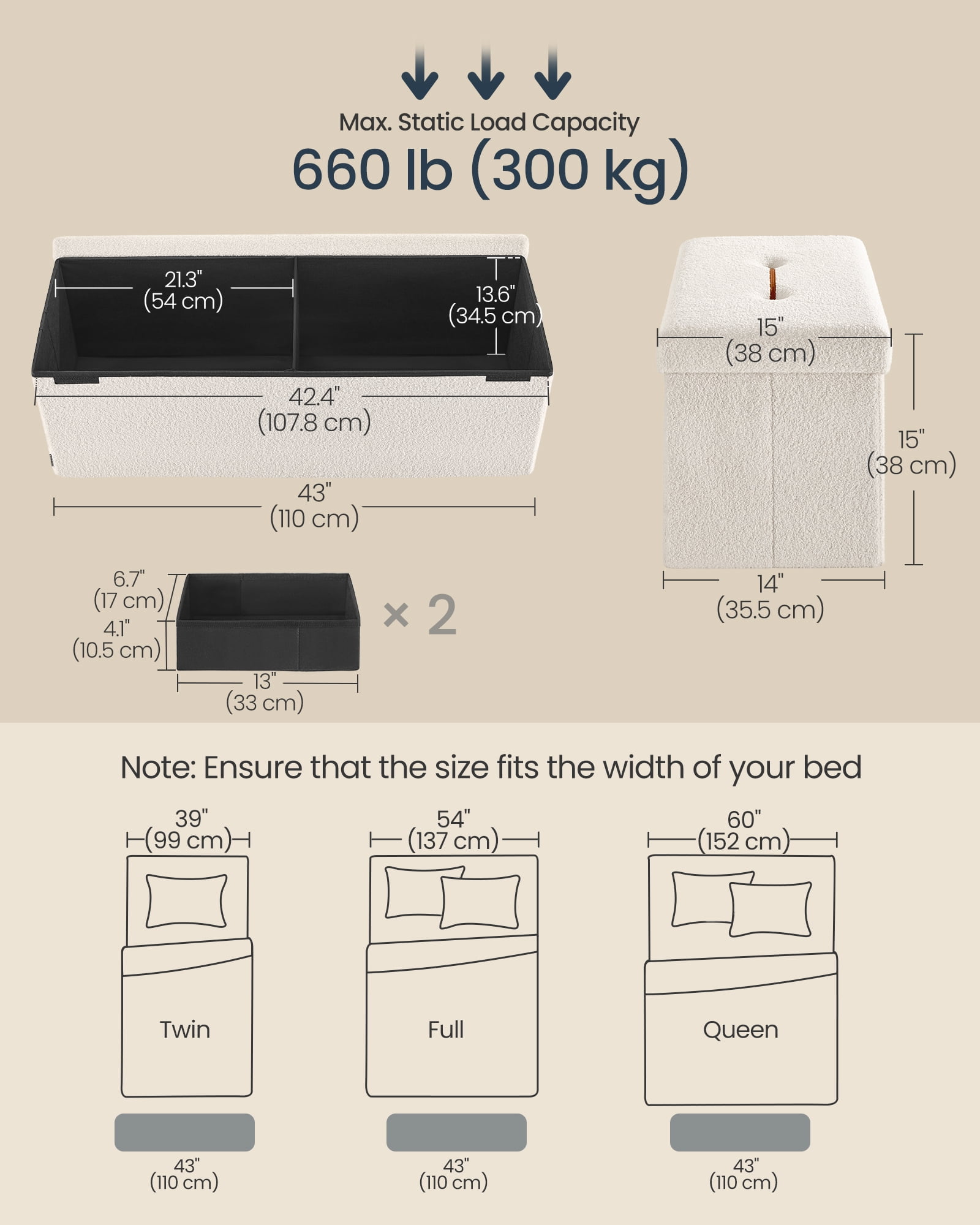 SONGMICS HOME 43" Storage Ottoman Bench Folding Ottoman with Storage Load up to 660 lb for Living Room Bedroom Cream White