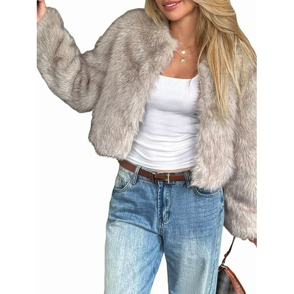 Women'S Cropped Faux Fur Jacket Long Sleeve Open Front Cardigan Casual Puffy Parka Hairy Short Coat Apricot XL